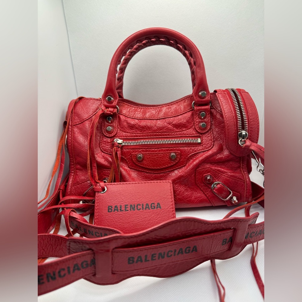 Balenciaga Bag- Le City Mini Crinkled Lambskin Leather Handbag (Red)